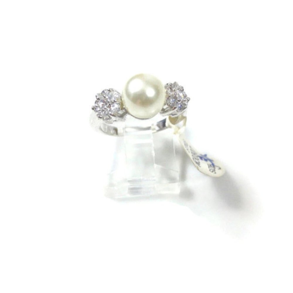 Pearl  CZ Ring Silver Plated Solitaire CZ Cluster - Picture 2 of 8